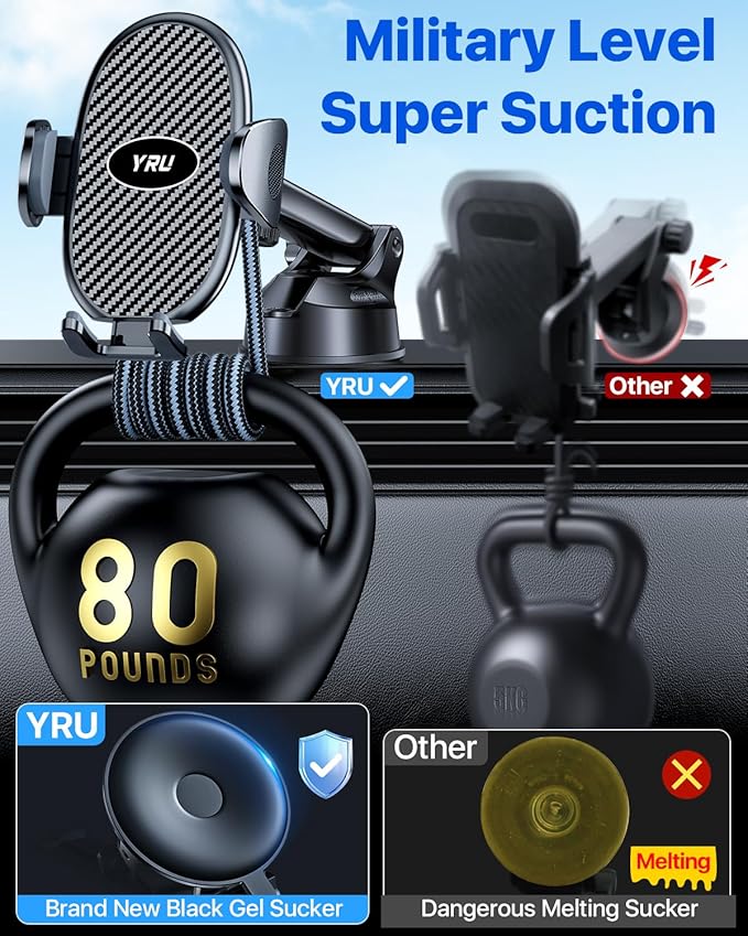 YRU Upgraded Universal Car Phone Holder Mount【360°Rotatable & Strong Suction】 Cell Phone Car Dashboard Windshield Phone Holder Dash Vent Stand for iPhone 17 16 Pro Max Samsung Truck, Graphite Black
