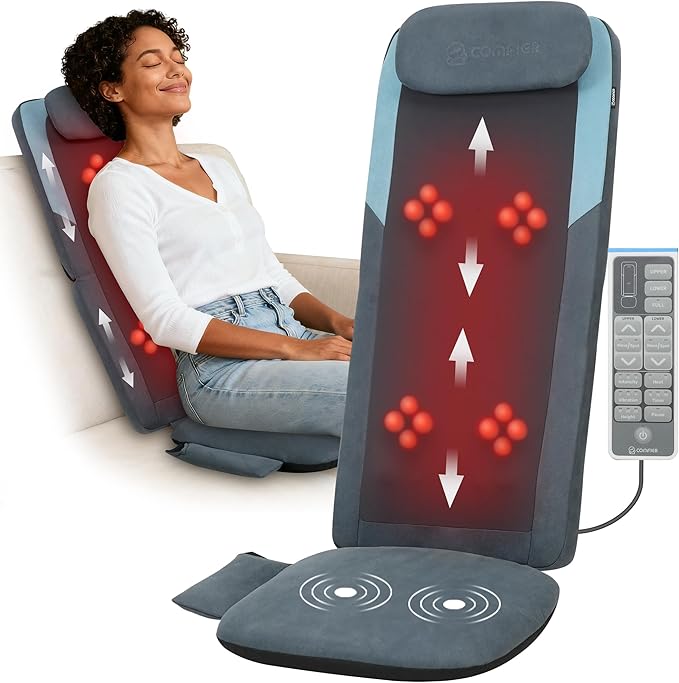 COMFIER Shiatsu Back Massager Chair Pad with Heat, Deep Tissue Massage Seat Pad for Neck and Back, Foldable Full Back Massager Chair Cushion with Adjustable Height & Vibration Seat