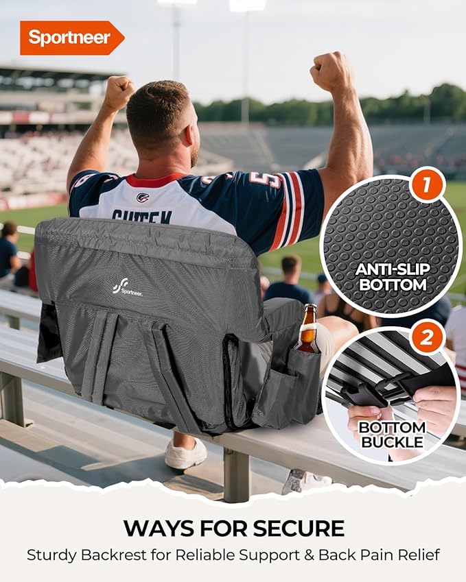 Sportneer Stadium Seats with Back Support: 2.5'' Thick Comfy Cushion 6 Adjustable Angle Bleacher Seat with Armrest - 2 Large Pockets, 2 Cup Holders Stadium Chair for Sport Events Concerts Parks