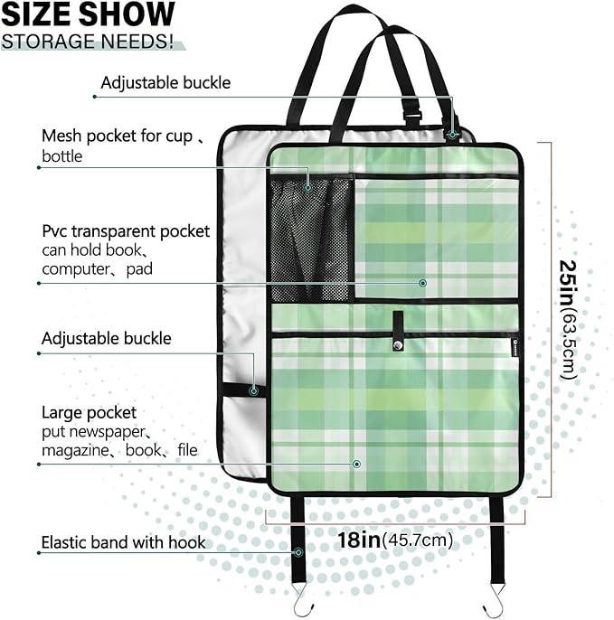 Automotive Seat Back Organizers Car Seat Organizer Waterproof Car Back Storage Kick Mat, Backseat Car Organizer with Pockets,Car Seat Protector Fit All 1Pcs Green-checkered