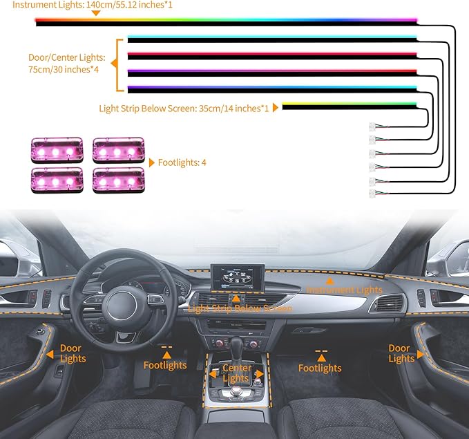 Dreamcolor Acrylic Interior Car LED Strip Lights with APP&Remote Control RGB 10 in 1 Ambient Lighting Kits Fiber Optic Strip LEDs Music Sync Car Neon Lights for Cars,SUVs,Trucks
