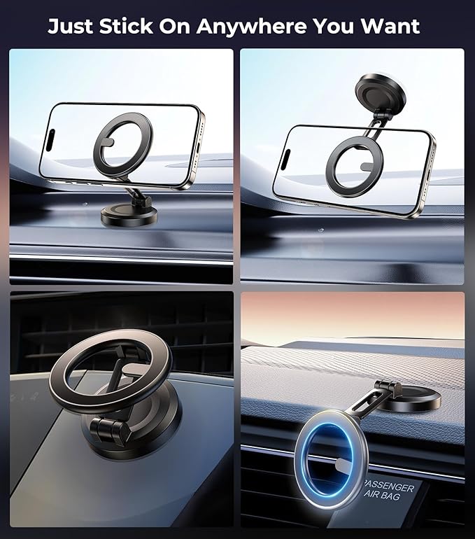 【World Minimal Space Design】 Folding Car Phone Holder Mount for Magsafe, Dashboard Windshield Magnetic Mount, Best Car Accessories for iPhone 16/15/14/13/12 Pro Max Plus, Men & Women