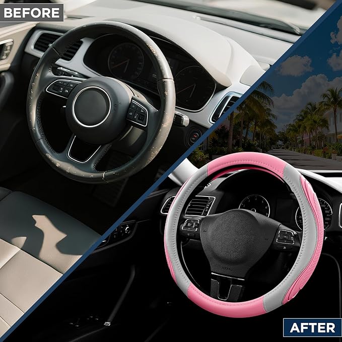 Road Comforts Car Steering Wheel Cover - Microfiber Leather Steering Wheel Wrap Sports 14.5-15 Inch Steering Wheel Cover Non-Slip for Men Women Pink & Gray Color