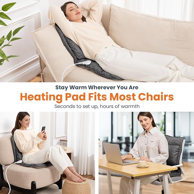Heated Seat Cushion with Lumbar Support for Office, Heated Seat Cover Pain Relief for Long Sitting, Seat Warmer for Back, Lumbar, Hip, Thigh, Universal Fit, Auto Shut Off, 3 Heat Levels, Dark