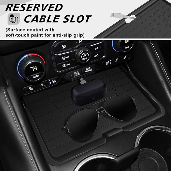 Muslogy Front Center Console Organizer & Cup Holder Inserts Compatible with 2021-2024 GMC Yukon Chevy Tahoe Suburban Accessories Front & Rear Silicone Drink Holder 2PCS & Middle Console Removable Lid