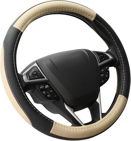 SEG Direct Car Steering Wheel Cover for F-150 Tundra Range Rover 15.5-16 inch, Black and Beige Microfiber Leather