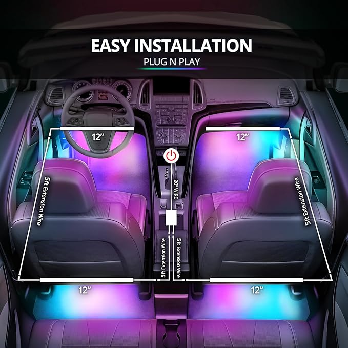 OPT7 Aura DreamColor RGB-IC LED Car Interior Light Strips, 4PC Interior Ambient Lighting Kit, Color Chasing Light Kit w/APP Control & Wireless Remote, Universal for Vehicles SUV Trucks Pickups Van