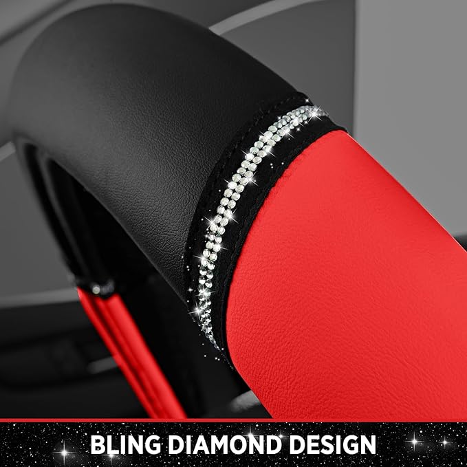 Road Comforts Leather Steering Wheel Cover - Made with PVC Leather - Anti-Slip, Universal Fit 14 1/2 inches to 15 inches - Red