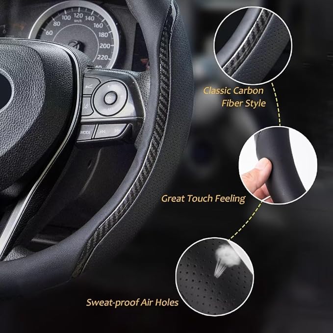 Steering Wheel Cover Black, Carbon Fiber Car Steering Wheel Covers with Coasters Universal 14.5-15 inch Leather Microfiber Breathable Anti-Slip Steering Wheel Accessories Set