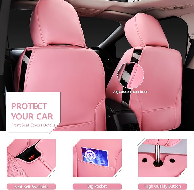CAR PASS Pink Nappa Leather Car Seat Covers for Full Seats, Bling Diamond Waterproof Seat Protectior Universal Fit Auto SUV Sedan Truck Glitter Sparkly Shining Rhinestone for Women Girl, Pink Leather