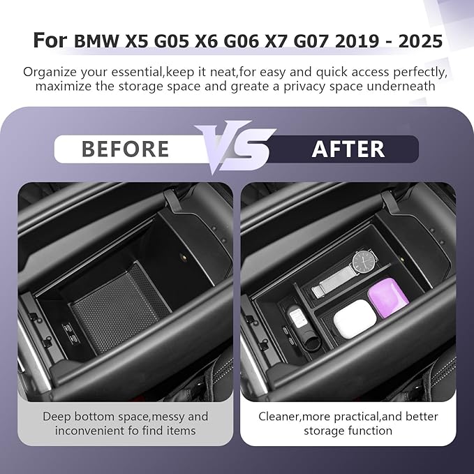 LUWU Center Console Organizer Compatible with BMW X5 G05 2019-2026/X6 G06 2020-2026/X7 G07 2019-2026 Accessories Armrest Console Storage Box Insert Tray ABS Material Black Coin Container Black
