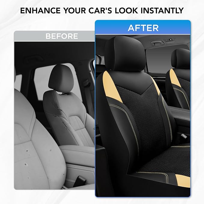 PIC AUTO Car Seat Cover, Super Breathable Mesh Front Seat Cover for Cars, Beige Leather Seat Covers, Universal Fit, Durable, Airbag Compatible, Suitable for SUVs, Trucks, Sedans, and Vehicles