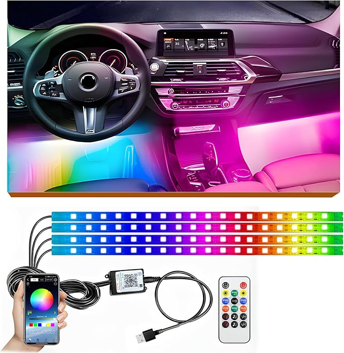 5.9FT Car LED Strip Lights, 72LEDs Smart RGB Car Interior Lights with APP & Remote Dual Control, Multicolor Music Sync and Mic Mode 4-in-1 Lines Design LED Lights for Car Decor
