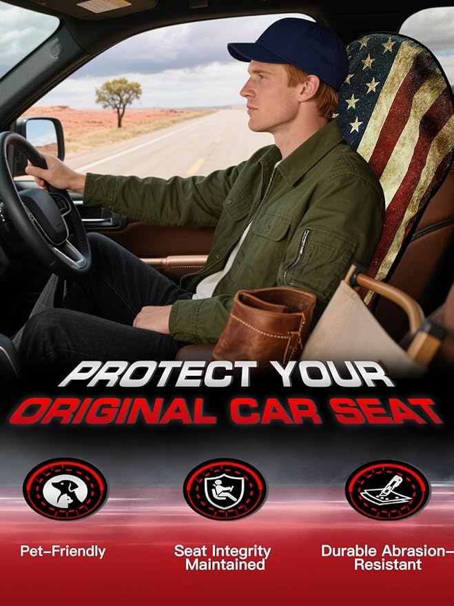 Universal Car Seat Cover Towel, Waterproof Washable Sweat Protection for Front Bucket Seats, Non-Slip Fit, Fits Cars SUVs Trucks, Ideal for Gym, Kids, Pets, (American Flag, 1 Pack)