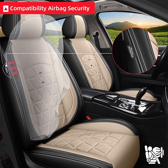 Seat Covers Full Set Fit for Kia Soul 2010-2023 2024 2025 Car Seat Covers Waterproof Leather Seat Cushion with Airbag Compatible (5 Seats, Black & Beige)