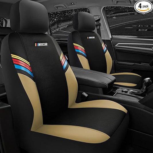 NASCAR Car Seat Covers, Beige Leather and Mesh Seat Covers, Universal Fit Front Seat Covers for Cars with Airbag-Compatible Design, Durable Racing-Inspired Car Interior for Cars, Trucks & SUVs