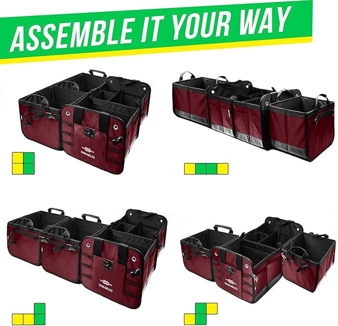 4-Section Trunk Organizer for SUV, Truck, Van, Sedan – Modular Extra Large Cargo Bin, Detachable Car Trunk Storage with Dividers, Collapsible Auto Organization System – Cherry