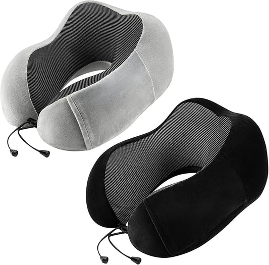 Neck Pillow Airplane-2 Pack Memory Foam Travel Pillow, Soft Support Travel Neck Pillow for Travelling, Sleeping Rest, Car, Train and Home Use (Black&Grey)