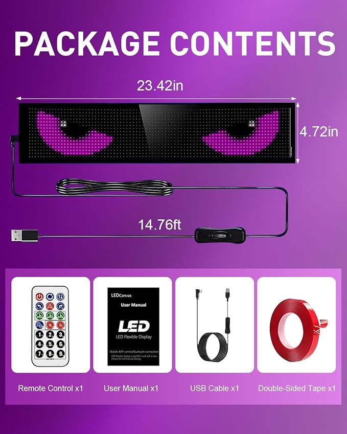 Golf Car Windshield Devil Eyes Light Sign, 23.4''x4.7'' Programmable LED Light Flexible Screen with APP and Remote Control-5V USB Digital Lighting Display for Golf Car, Cars & SUVs