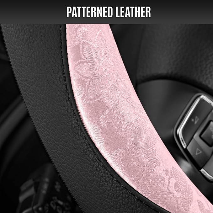 PIC AUTO Steering Wheel Cover, Pink Patterned & Black Leather Patchwork Design, Universal Fit 14.5"–15.5", Anti-Slip, Odor-Free, Soft PU Grain Leather, Durable Grip Car Accessory for Girls & Women
