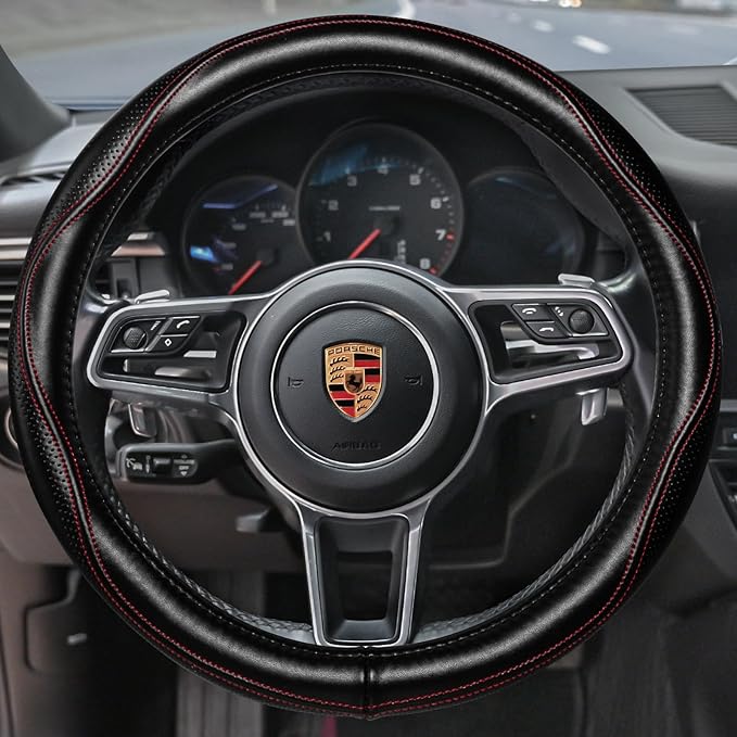 HAOKAY Top Grade Black Genuine Leather Steering Wheel Cover Women Men, Luxury Steering Wheel Cover for Cars, SUVS and Trucks, Universal 14.5-15 inch