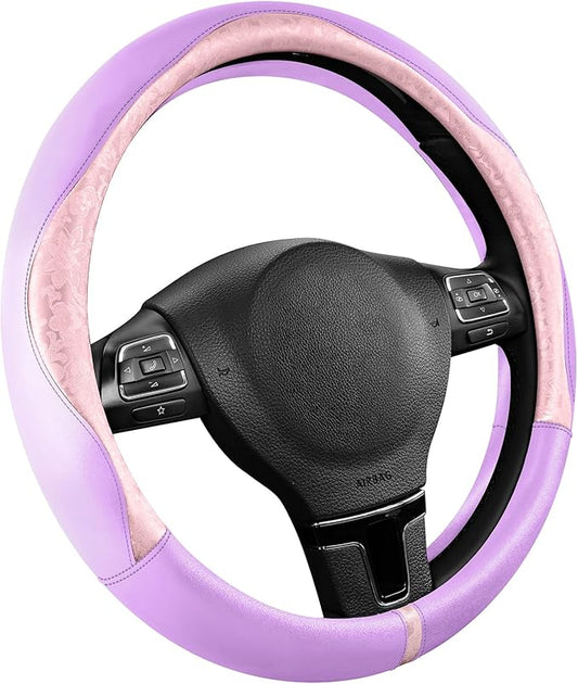 PIC AUTO Steering Wheel Cover, Pink Patterned & Light Purple Leather Patchwork Design, Universal Fit 14.5"–15.5", Anti-Slip, Soft PU Grain Leather, Durable Grip Car Accessory for Girls & Women