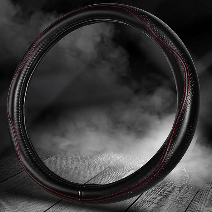 HAOKAY Top Grade Black Genuine Leather Steering Wheel Cover Women Men, Luxury Steering Wheel Cover for Cars, SUVS and Trucks, Universal 14.5-15 inch