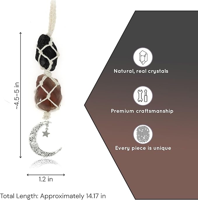 BOHO GARDEN Hanging Car Charm - Black Tourmaline & Carnelian - Dangling Moon, Healing Crystal Accessories, Rearview Mirror Decorations - Grounding, Confidence, Protection, Transformation, Joy, Energy
