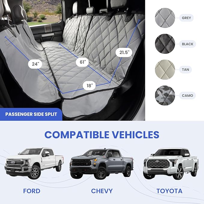 4Knines Bench Seat Covers for Trucks with Dog Hammock & Split-Tech - Rear Seat Protector for Dogs Fits Full Size Crew Cab with Split Bench Seats - Waterproof Dog Seat Cover (Passenger Side, Black)