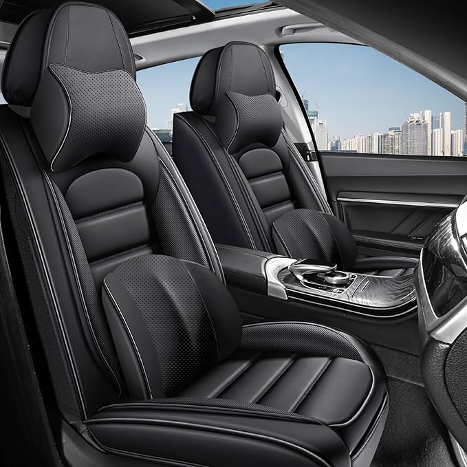 2 Car Seat Covers for Toyota Highlander 2001-2026 Breathable Leather,Waterproof Car Seat Protectors with Comfort Headrest Pillows,Automotive Vehicle Cushion with Storage Pockets (Luxury,Black)