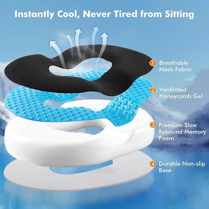 Niceeday Donut Pillow for Office Chair Seat Cushion for Car, Cooling Gel Memory Foam Cushion for Wheelchair Kitchen Chair Driving Desk Chair, Car Seat Cushion Chair Cushions for Sciatica Pain Relief