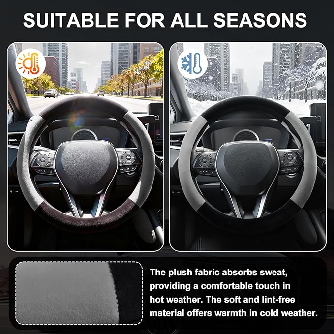 SEG Direct Car Steering Wheel Cover for Prius Civic Model 3 Model Y Camaro, Small Size 14-14.25 inch, Warm Plush, Summer Winter, Black and Gray