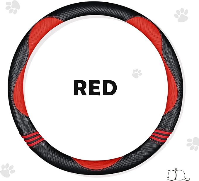Car Steering Wheel Covers for Women Girl Padded Carbon Fiber PU Leather Cute Cartoon Auto Interior Accessories for Jeep, Truck, Universal, Anti Slip, Red, Large Size, 15.2-16in