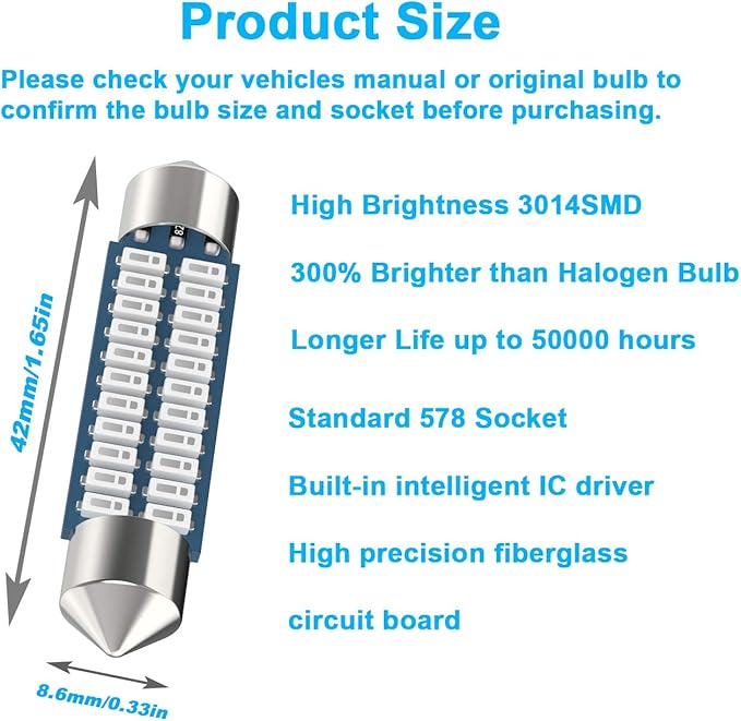 Serundo Auto 578 Led Festoon Bulb 211-2 Led Car Bulb 41mm 42mm 1.65in 212-2 Bulb for Car Map Light Dome Light, 22SMD 3014 Chips Interior Led Festoon Bulb,Pack of 6pcs Blue Color