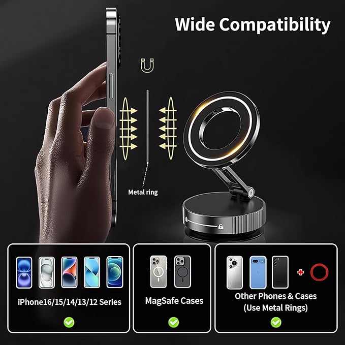 360° Adjustable Vacuum Magnetic Phone Holder [ 96+LBS Suction & 2800gf Magnetic ], Foldable Suction Cup Magnetic Phone Mount for Car, Car Phone Holder for iPhone 17/16/15/14/13/12 Series