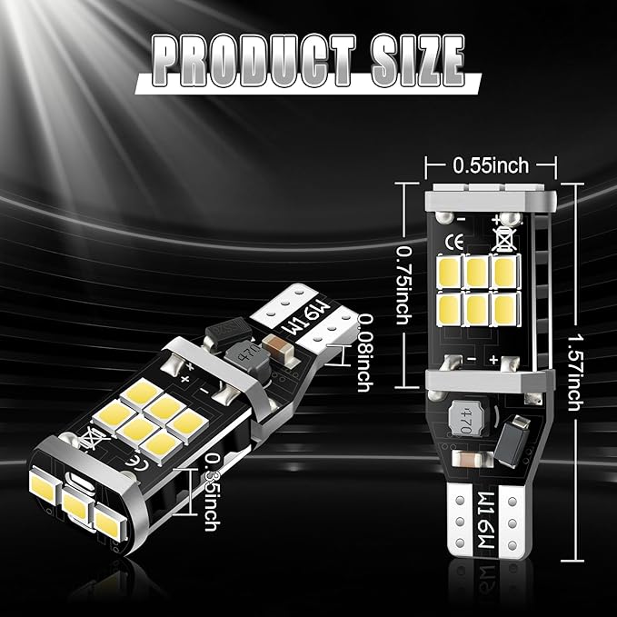 912 921 LED Bulb for Backup Reverse Lights, 2835 15-SMD Chipsets Error Free 300% Super Bright 906 922 W16W T15 LED Lights - (Pack of 2, White)