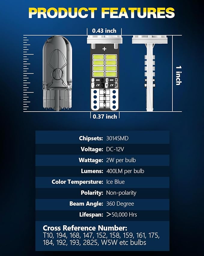 10Pcs 194 T10 168 W5W 2825 LED Bulb, Super Bright LED Car Interior Dome Map Camper RV License Plate Light Bulbs, Upgraded 25-SMD 3014 Chipsets 12V 400LM Ice Blue