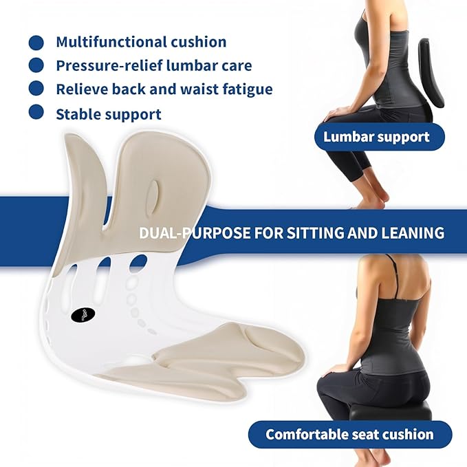 Ergonomic Back Support for Office Chair Cushion with Lumbar Pillow, Posture Corrector for Desk Chairs, Comfortable Memory Foam Seat Cushion for Lower Back Pain Relief, Beige