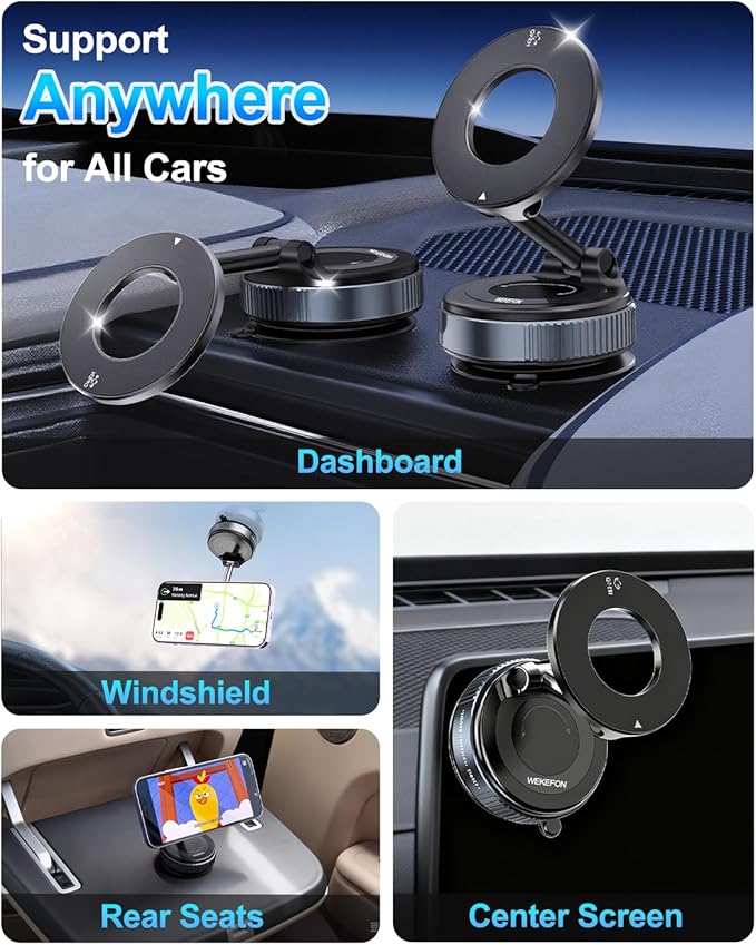 2026 Upgraded Vacuum Magnetic Car Phone Holder for Your Car [120LBS Ultra Suction Cup & 3000gf Magnet] 780° Adjustable Foldable Cell Phone Mount for Magsafe Dashboard Car Bracket for iPhone & Android