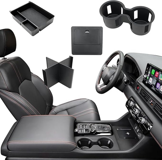 4PCS Center Console Organizer Tray for 2026-2023 Honda Pilot Ridgeline Passport Accessories, Armrest Storage Box and Divider, Hidden Storage Box and Cup Holder for Honda Pilot Ridgeline Passport