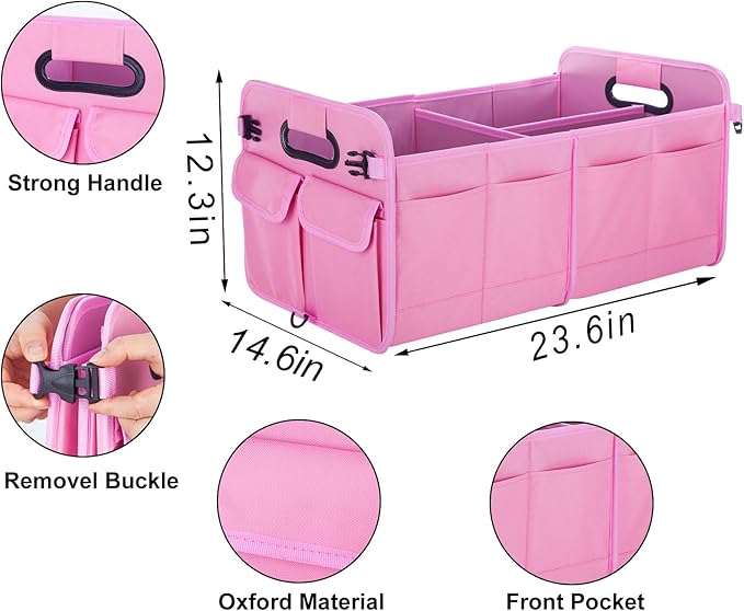 Trunk Organizer For Suv & Sedan,Car Organizers and Storage, Waterproof Collapsible & Adjustable Straps,75L Sturdy Car Organization for Car Accessories, Tools,Sundries,2-3 Compartment（Pink）
