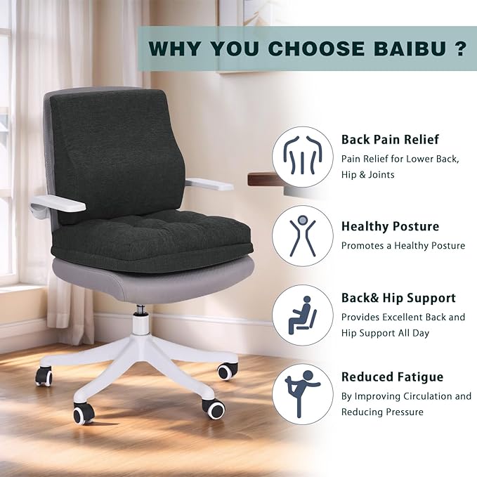 baibu Seat Cushion & Lumbar Support Pillow Set for Office Chair, Dual-Layer Patent Design Memory Foam Office Chair Cushion & Ergonomic Back Support Pillow for Wheelchair, Car Seat, Gaming Chair, Black