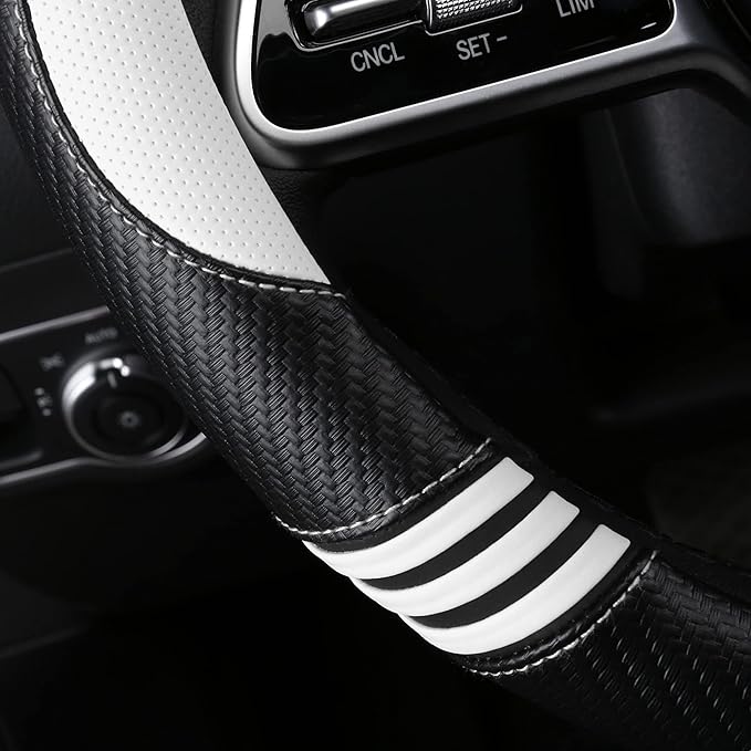 Car Steering Wheel Covers for Women Padded Carbon Fiber PU Leather Cute Auto Interior Accessories for Vehicle, Sedan, Universal, Anti Slip, White, Standard Size, 14.75-15.15in
