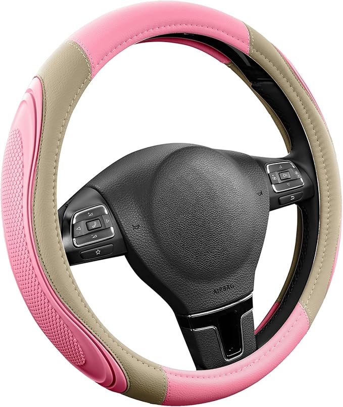 Road Comforts Car Steering Wheel Cover - Microfiber Leather Steering Wheel Wrap Sports 14.5-15 Inch Steering Wheel Cover Non-Slip for Men Women Pink & Beige Color