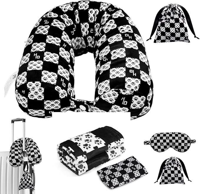 Travel Pillow with Detachable Flannel Blanket & Eye Mask – Plush Velvet Neck Support Pillow for Airplane,Car,Office Rest,Coordinated Digital Print Set (Black Dog Claw Grid, 50in * 60 in)