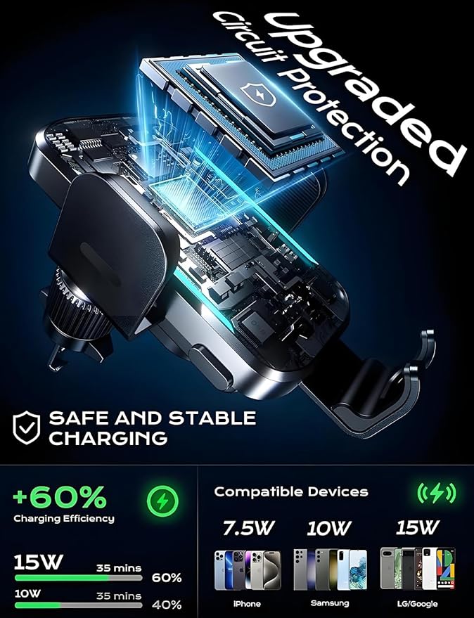 CHGeek Wireless Car Charger, 2026 Upgrade 15W Fast Charging Auto Clamping Car Phone Holder Charger, Phone Holders for car Mount, fit for iPhone 17 16 15 14 13 Mini Pro Max XR,Samsung Galaxy S25 Ultra