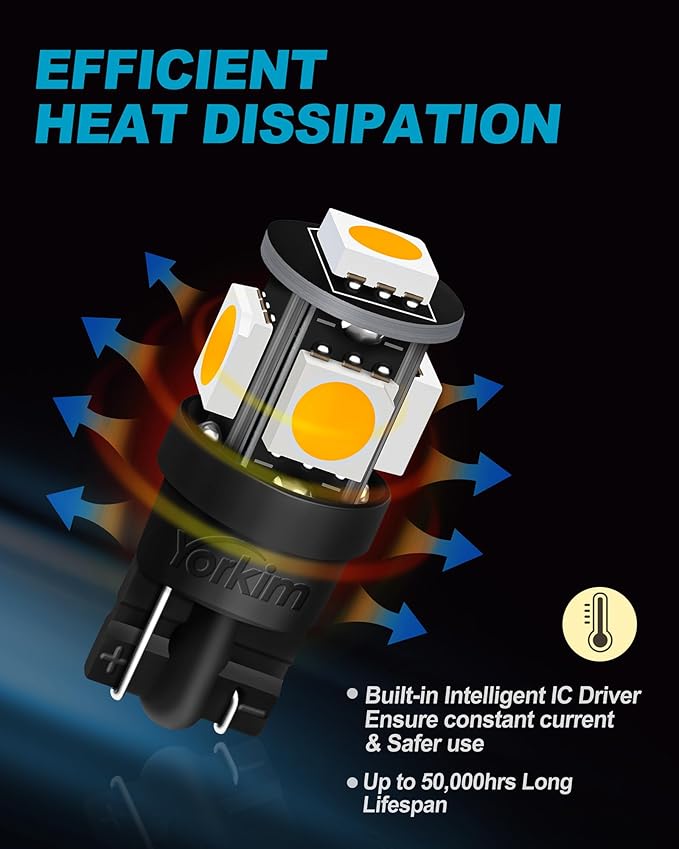 Yorkim 194 LED Bulbs Warm White Super Bright New 5th Generation, T10 168 LED Bulb for Car Interior Door Courtesy Dome Map License Plate Lights W5W 2825,Pack of 10