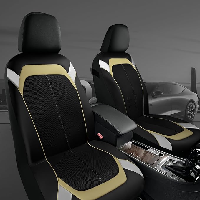 PIC AUTO Car Seat Cover – Silver & Beige Leather with Breathable Mesh Seat Cover for Cars, Stylish Two-Tone Leather Full Set Seat Covers, Universal Fit, Durable for SUV, Truck, Sedan, Vehicles