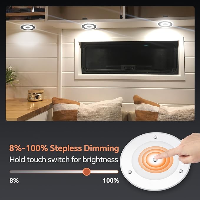 7.3 Inch 12 Volt LED Ceiling Dome Light, 720LM Dimmable Interior Light for RV Boat Camper Van Caravan Truck Motorhome Interior Lighting, Blue Light & Touch Switch(Cool White)