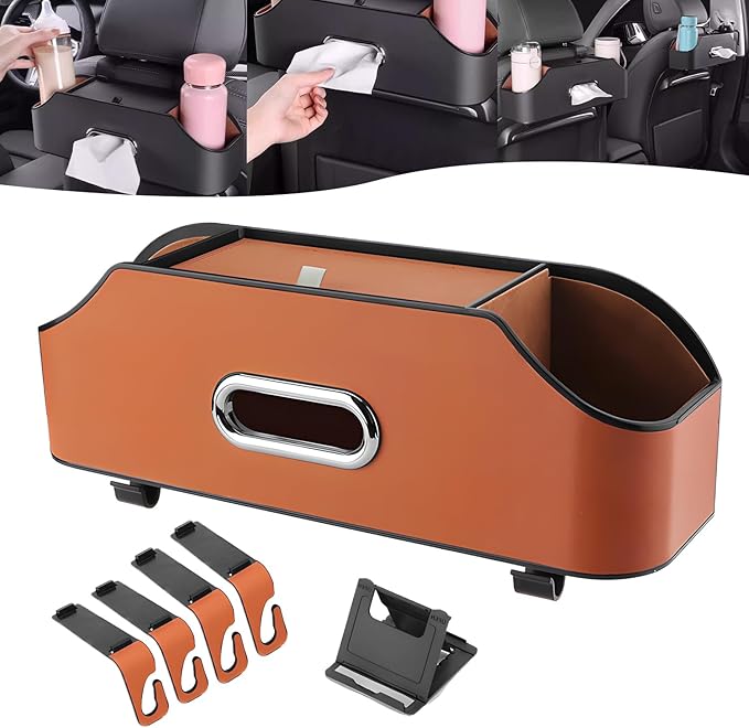 Multifunctional Car Back Seat Storage Organize, 2026 Upgrade 3-in-1 Car Backseat Organizer with Cup Holder, Tissue Box, Trash Bin & Hooks, for Hold Phones, Snacks, Drinks, and Handbags (Red-brown)